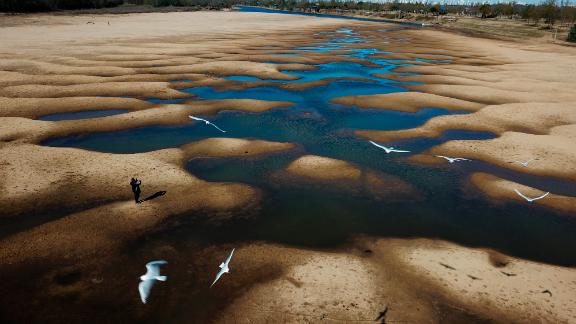 Burung-burung terbang di atas dasar sungai yang terbuka di Sungai Paraná kuno selama kekeringan di Rosario, Argentina.