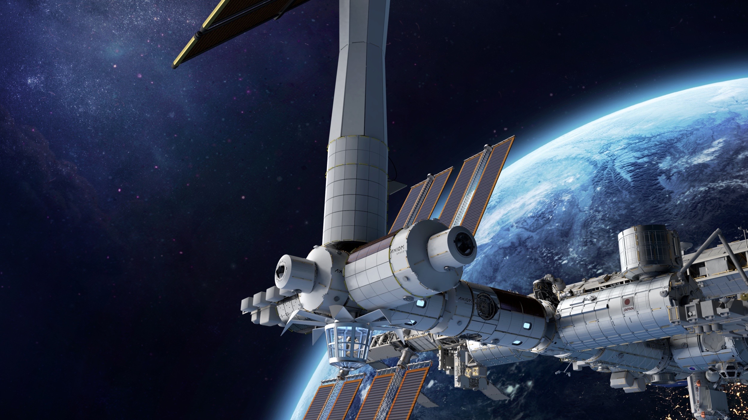 Ilustrasi seniman tentang stasiun luar angkasa yang direncanakan akan dibangun oleh Axiom Space yang berbasis di Houston di orbit Bumi.