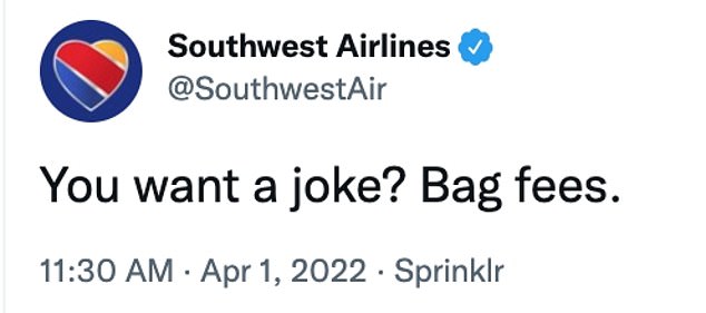 Pada Hari April Mop, Southwest memasang tweet sombong ini.  Sepertinya tidak lucu pada hari Sabtu bagi mereka yang bepergian dengan maskapai