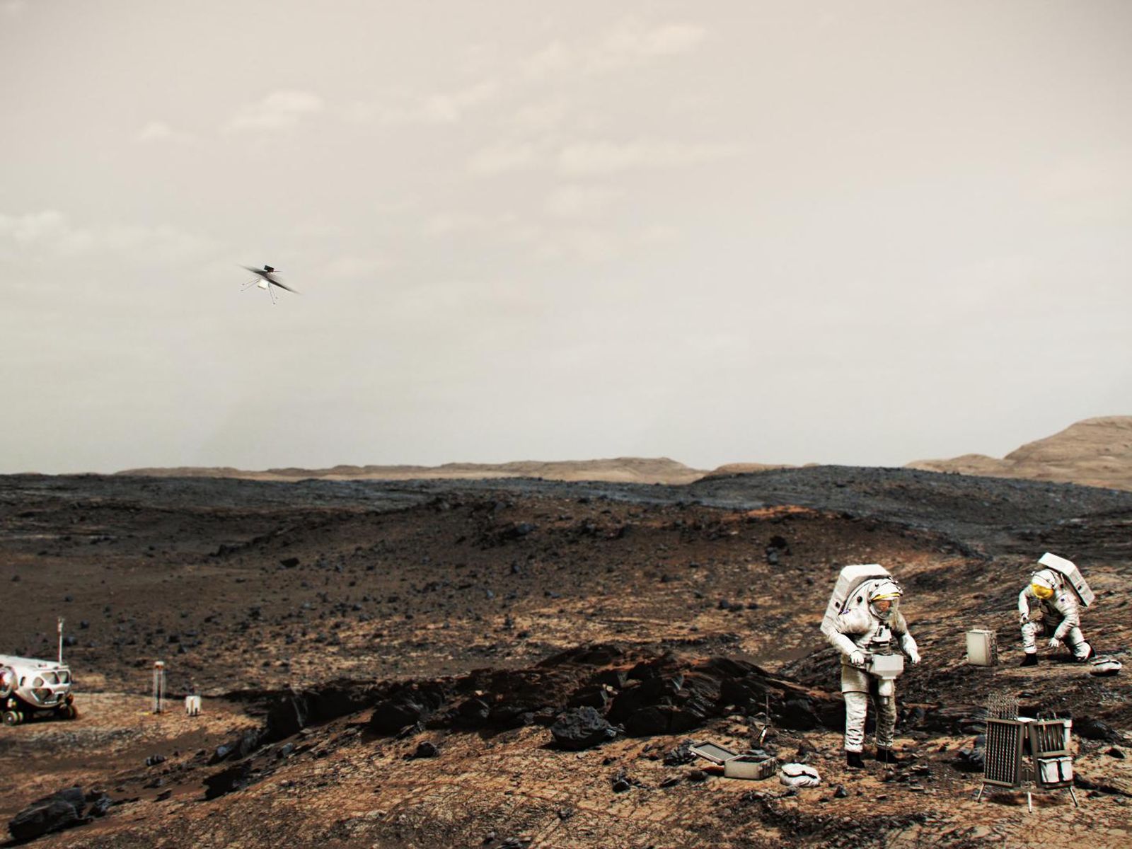 Astronot yang bekerja di Mars bisa menggunakan helikopter (terlihat di atas mereka bekerja di Mars) mirip dengan helikopter Mars Innovation.