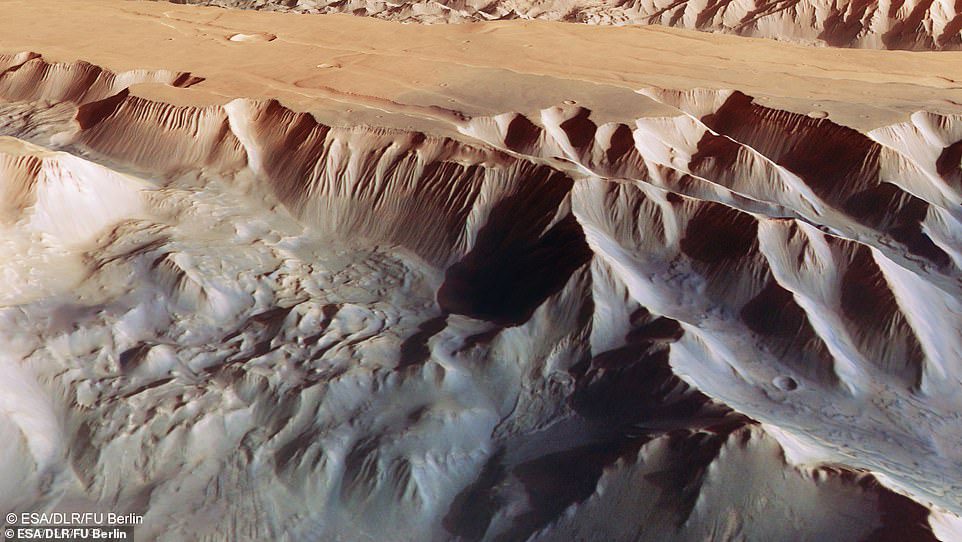 Pandangan perspektif miring dari Tithonium Chasma (gambar di atas), yang merupakan bagian dari struktur lembah Valles Marineris Mars, dibuat dari model medan digital, saluran analog dan warna dari kamera stereo resolusi tinggi pada Mars Express Badan Antariksa Eropa .