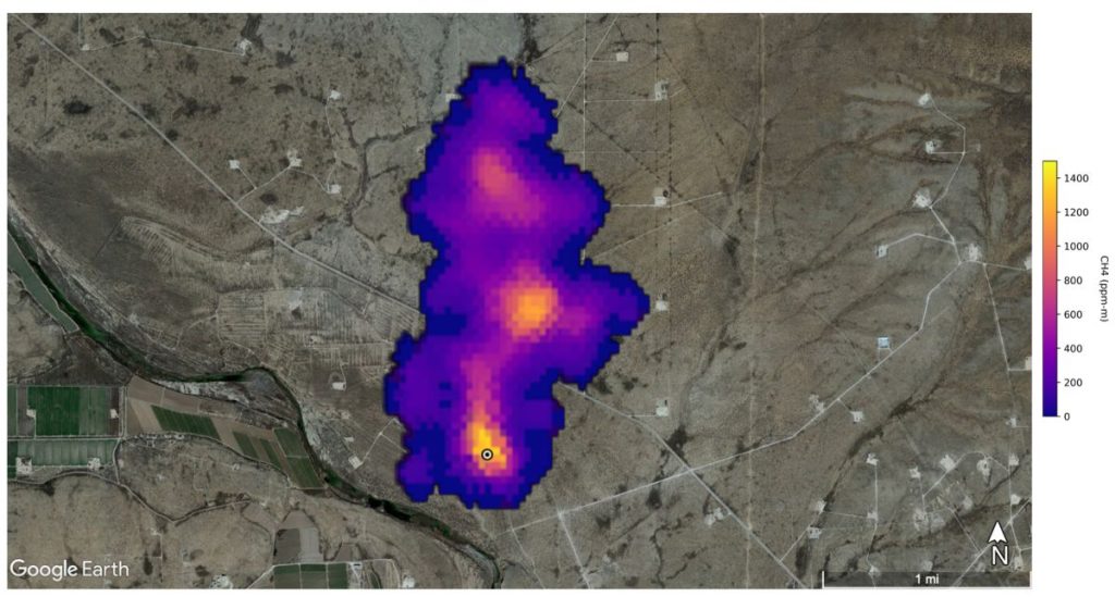 A methane plume 2 miles (3.2 kilometers) long that NASA’s Earth Surface Mineral Dust Source Investigation mission detected southeast of Carlsbad, New Mexico.