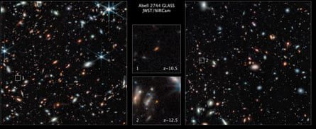 Dua medan bintang dengan kotak pemosisian yang menunjukkan galaksi, dengan gambar galaksi yang diperbesar yang dapat diseret di tengahnya