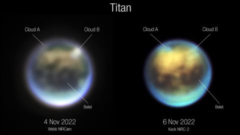 Para astronom membandingkan gambar Titan dari Webb (kiri) dan Keck untuk melihat bagaimana awan berevolusi.  Awan A tampak berotasi, sedangkan Awan B tampak menghilang.