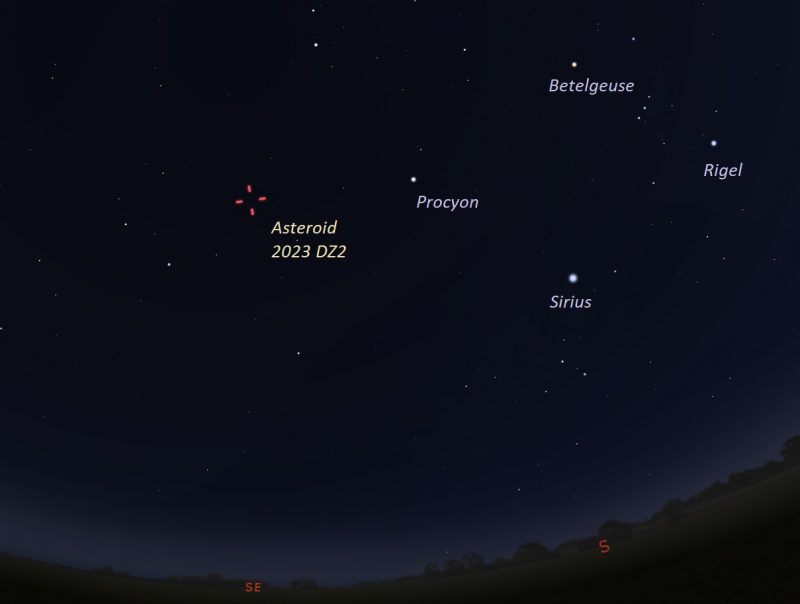 Bagan bintang menunjukkan bintang musim dingin yang cerah dan tanda pagar merah untuk situs asteroid 2023 DZ2.