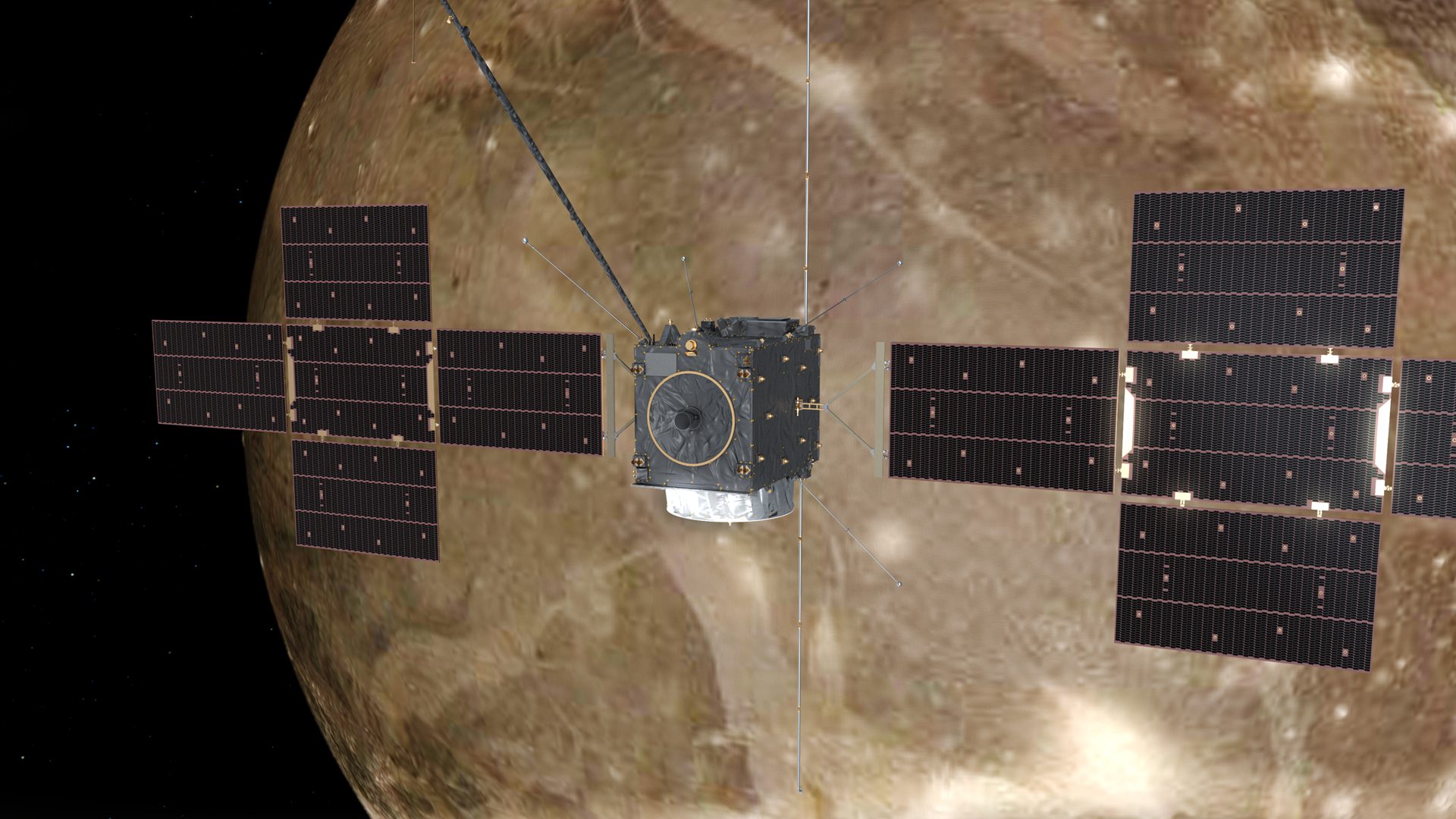 Pesawat ruang angkasa Juice Badan Antariksa Eropa (ESA) mengorbit bulan Jupiter, Ganymede.
