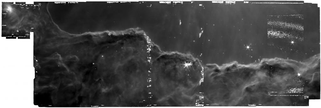 JWST menangkap gambar mentah NGC 3324 ini, Nebula Carina, dengan instrumen MIRI dan filter F1130W.  Itu mulai terbentuk hanya ketika diproses dan digabungkan dengan gambar lain.  Kredit gambar.  NASA, ESA, CSA, dan STScI