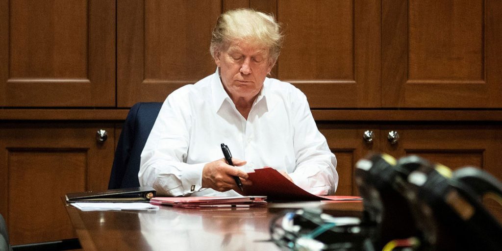 Donald J. Trump works at Walter Reed National Military Medical Center on Oct. 3, 2020, after testing positive for COVID-19. (Official White House Photo by Joyce N. Boghosian)