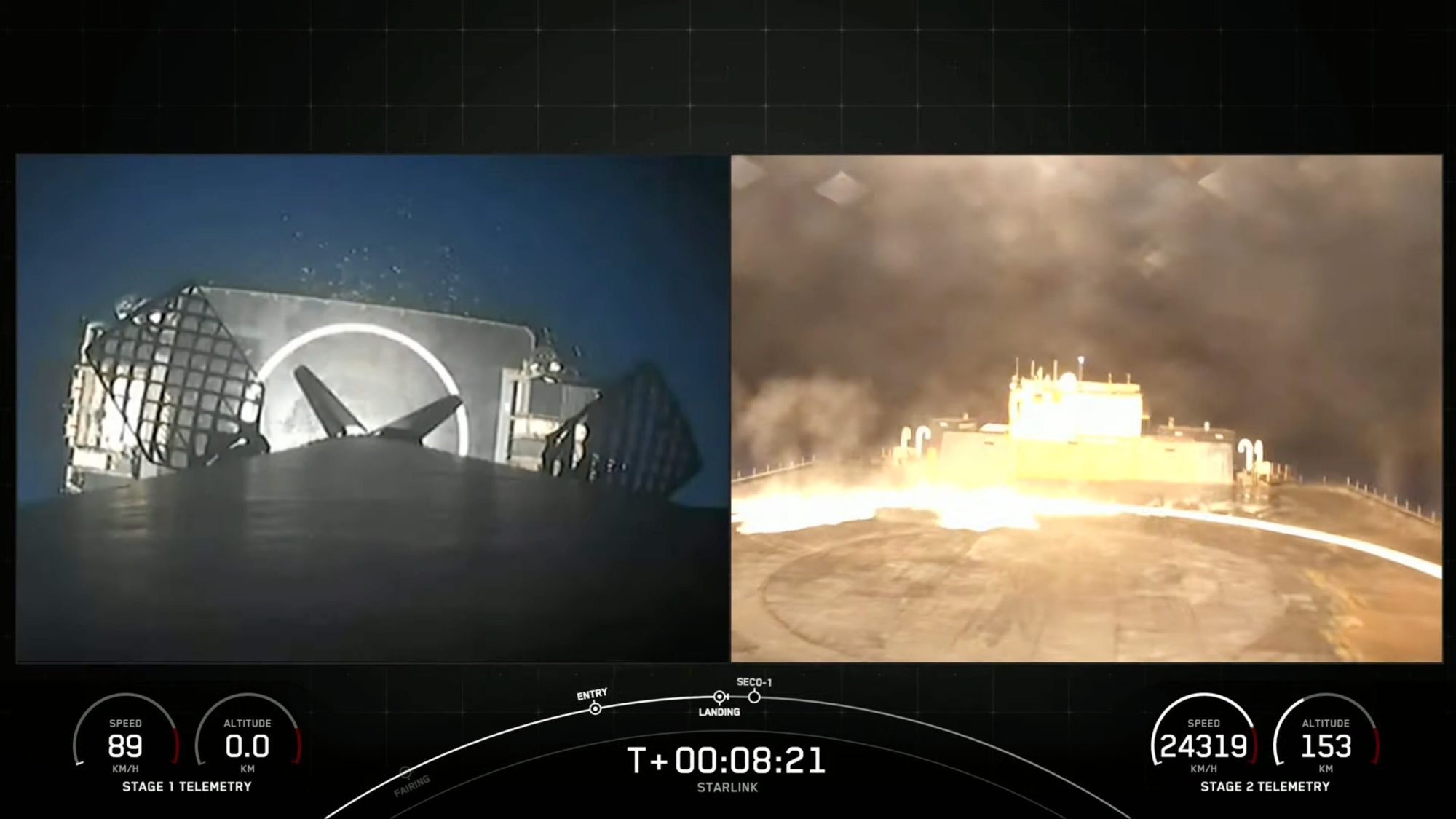 Dua panel menunjukkan roket SpaceX Falcon 9 mendarat di kapal drone di laut pada malam hari