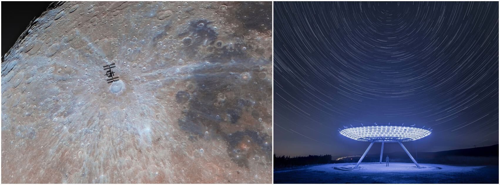 Gambar Bulan dengan Stasiun Luar Angkasa Internasional melintas di depannya, dan piringan mirip radar berwarna biru di bawah langit penuh jejak bintang.