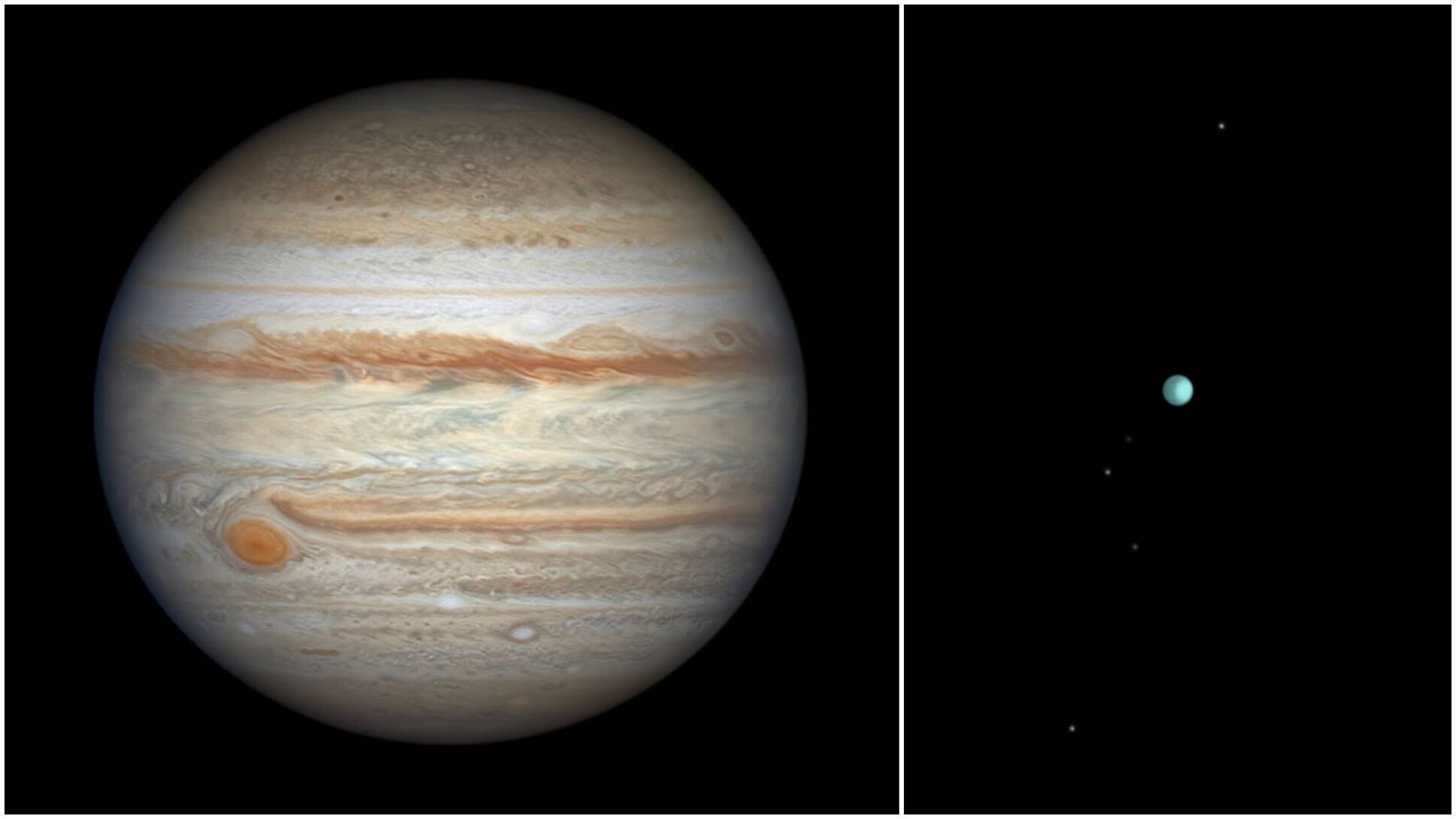 Gambar Jupiter, dan juga Uranus kecil dengan lima bulan kecil