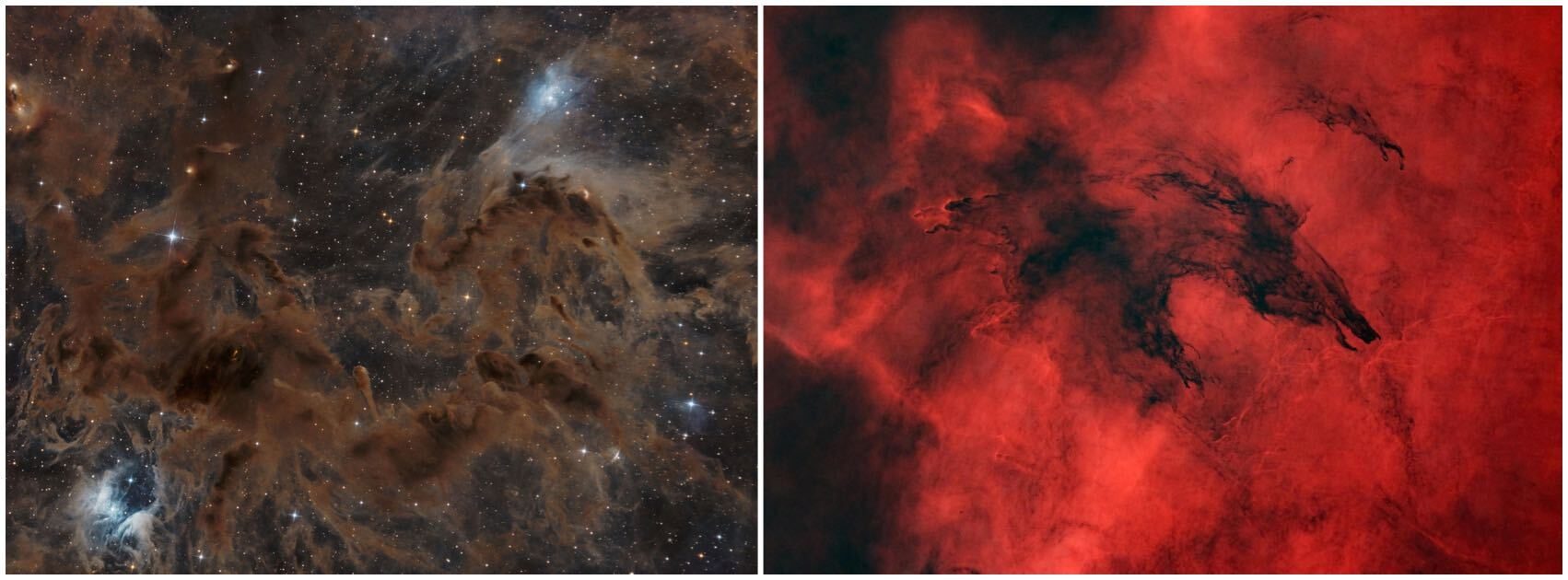 Gambar nebula, yang satu berwarna coklat dan yang lainnya berwarna merah.