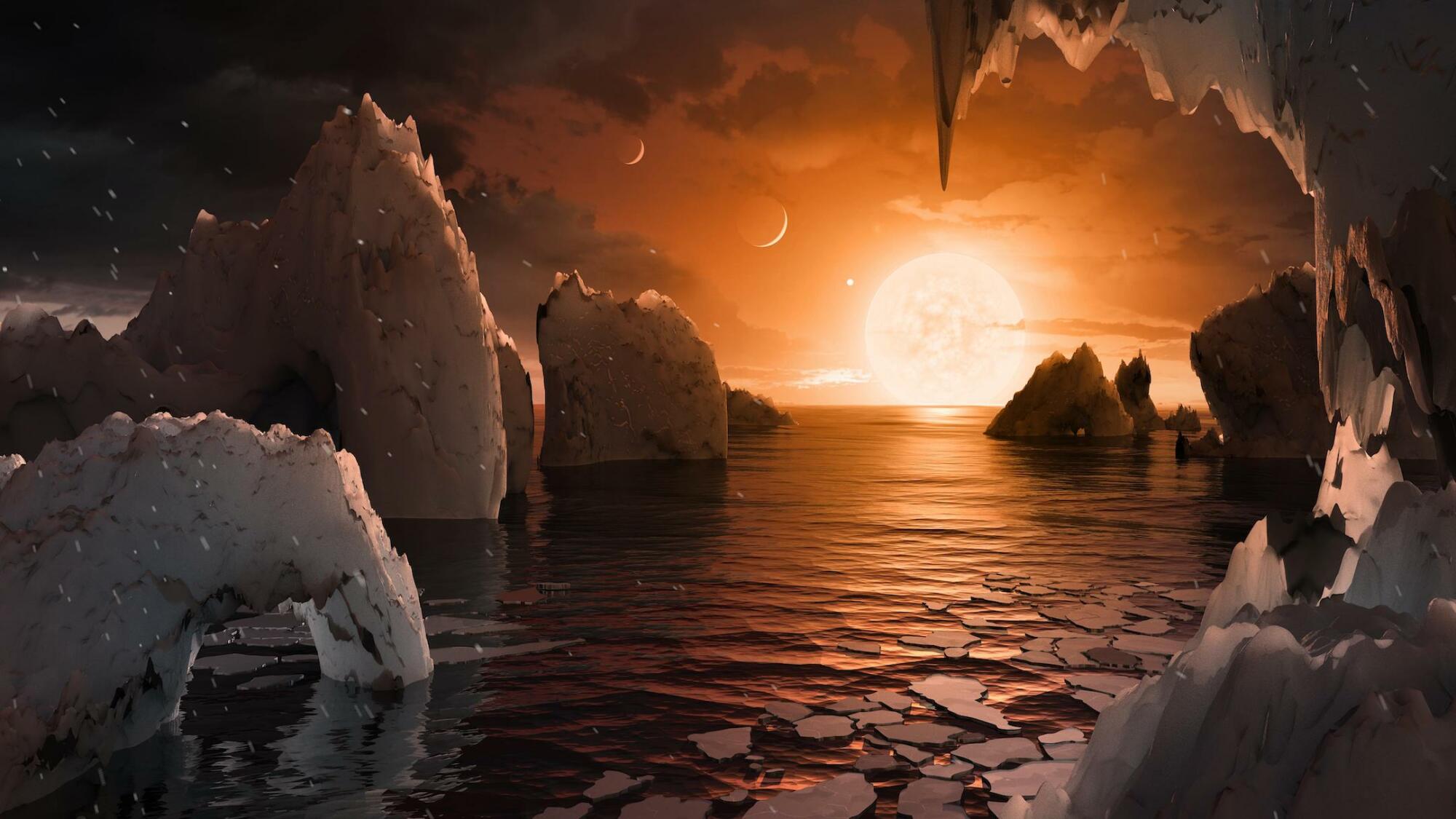 Ilustrasi penampakan permukaan eksoplanet TRAPPIST-1f.