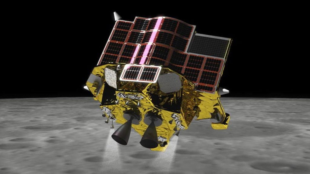 a roughly cube-shaped spacecraft covered in solar panels descends to the surface of the moon