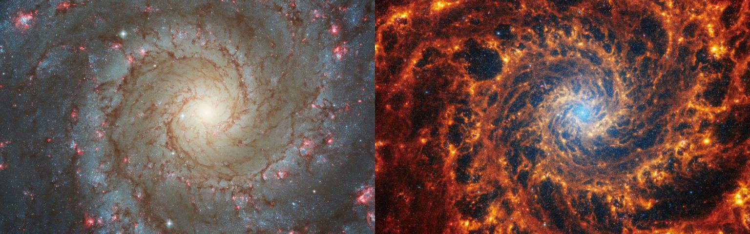 Pemandangan galaksi spiral Hubble (kiri) dan JWST (kanan).