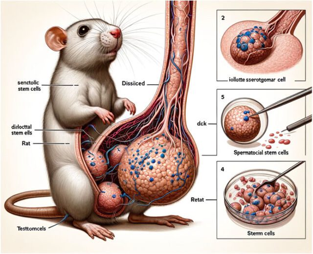 AI menghasilkan Gambar 1 makalah.  Gambar ini seharusnya menunjukkan sel induk spermatogonial yang diisolasi, dimurnikan, dan dikultur dari testis tikus.