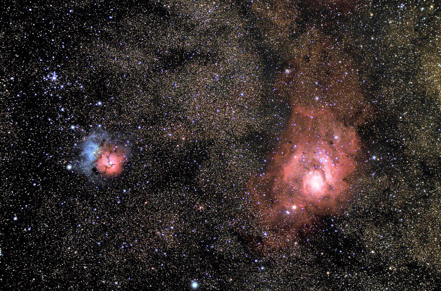 Danau dan tiga nebula M8 dan M20 di konstelasi Sagitarius