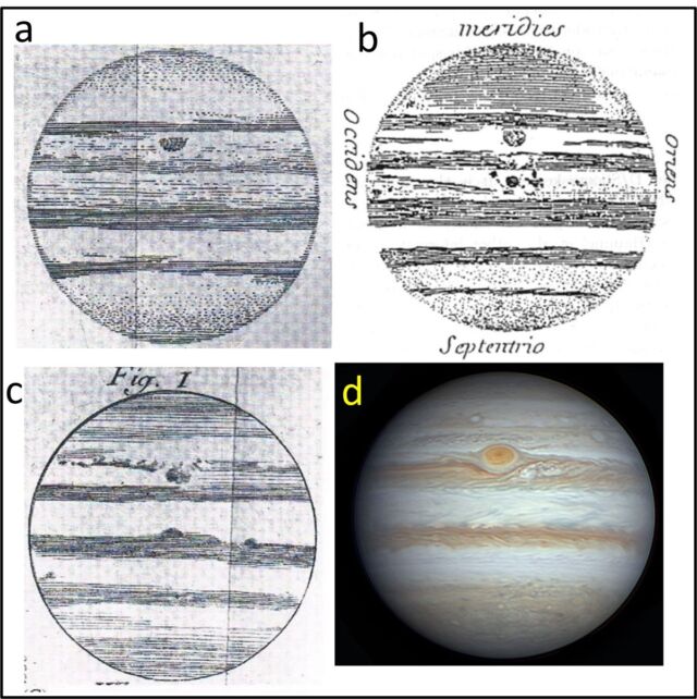 Perbandingan antara makula permanen dan makula merah besar saat ini.  (A) Desember 1690. (B) Januari 1691. (C) 19 Januari 1672. (D) 10 Agustus 2023.