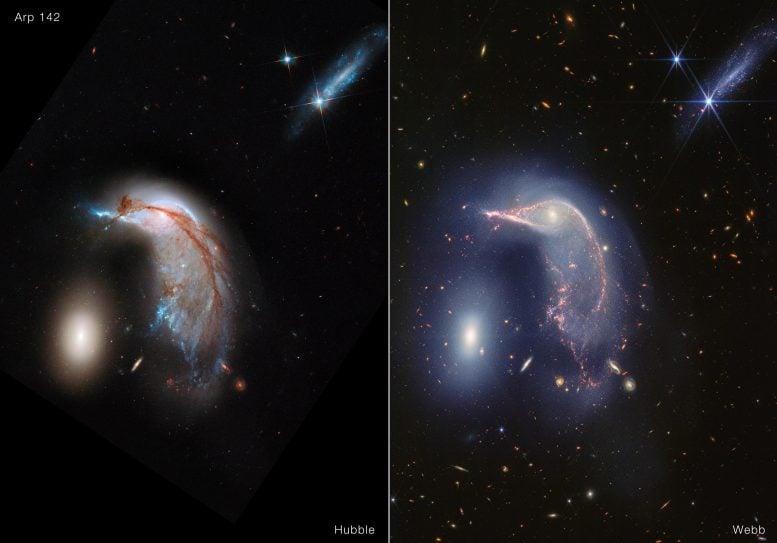 Galaksi yang berinteraksi Arp 142 (gambar Hubble dan Webb)