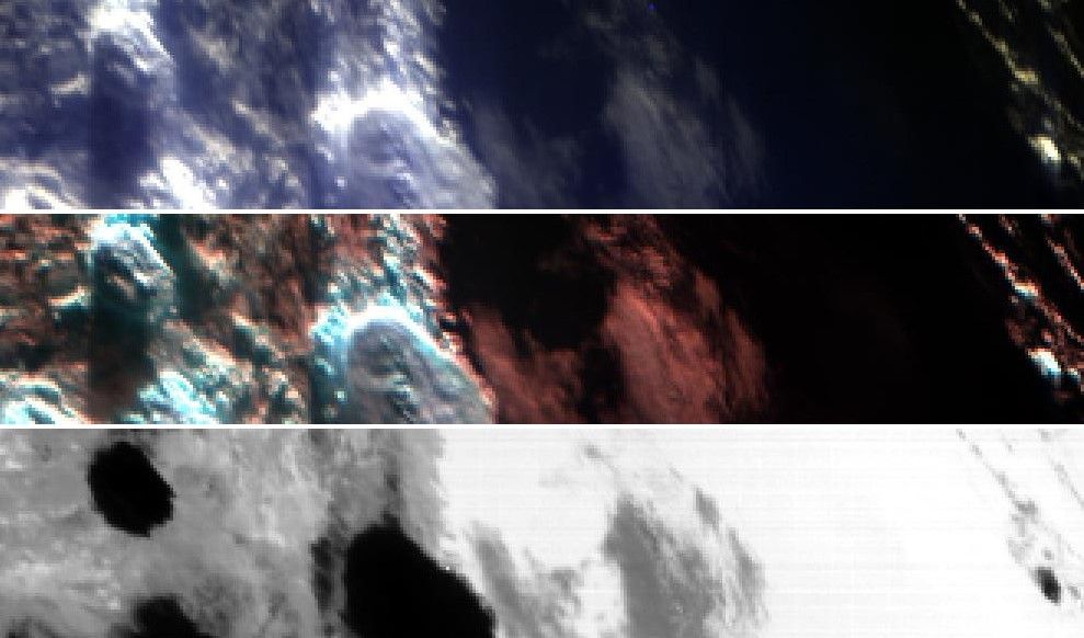 Tiga batang horizontal menampilkan gambar Bumi yang berbeda. Setiap gambar diambil pada panjang gelombang yang berbeda, yang berarti gambar tersebut mengungkapkan fitur dan informasi yang sedikit berbeda tentang planet di bawah ini.