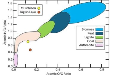 Plot pembakaran Van Krevelen membandingkan perbedaan rasio H/C dan O/C antara batubara dan biomassa (Jenkins et al., Referensi Jenkins, Baxter, Miles dan Miles 1998 ) dibandingkan dengan komposisi unsur IOM dari meteorit Murchison dan Tagish Lake (Pizzarello et al., Referensi Pizzarello dan Cooper dan Flynn 2006). Kredit: Jurnal Internasional Astrobiologi (2024). doi: 10.1017/S1473550424000119