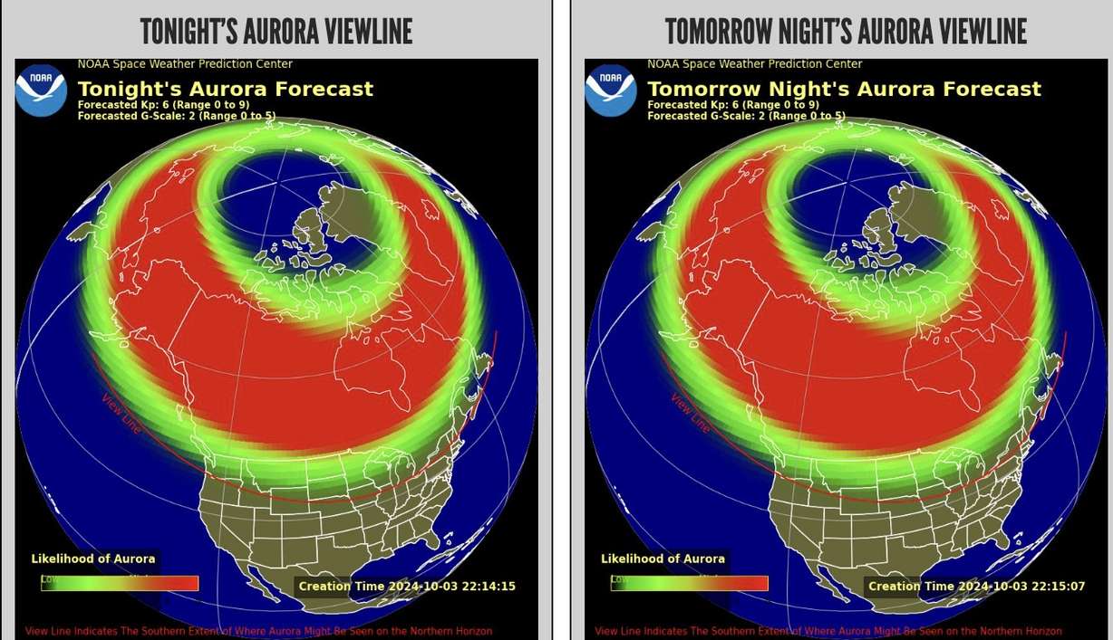 Peta-peta ini menunjukkan potensi aurora borealis di Amerika Utara pada Kamis dan Jumat.